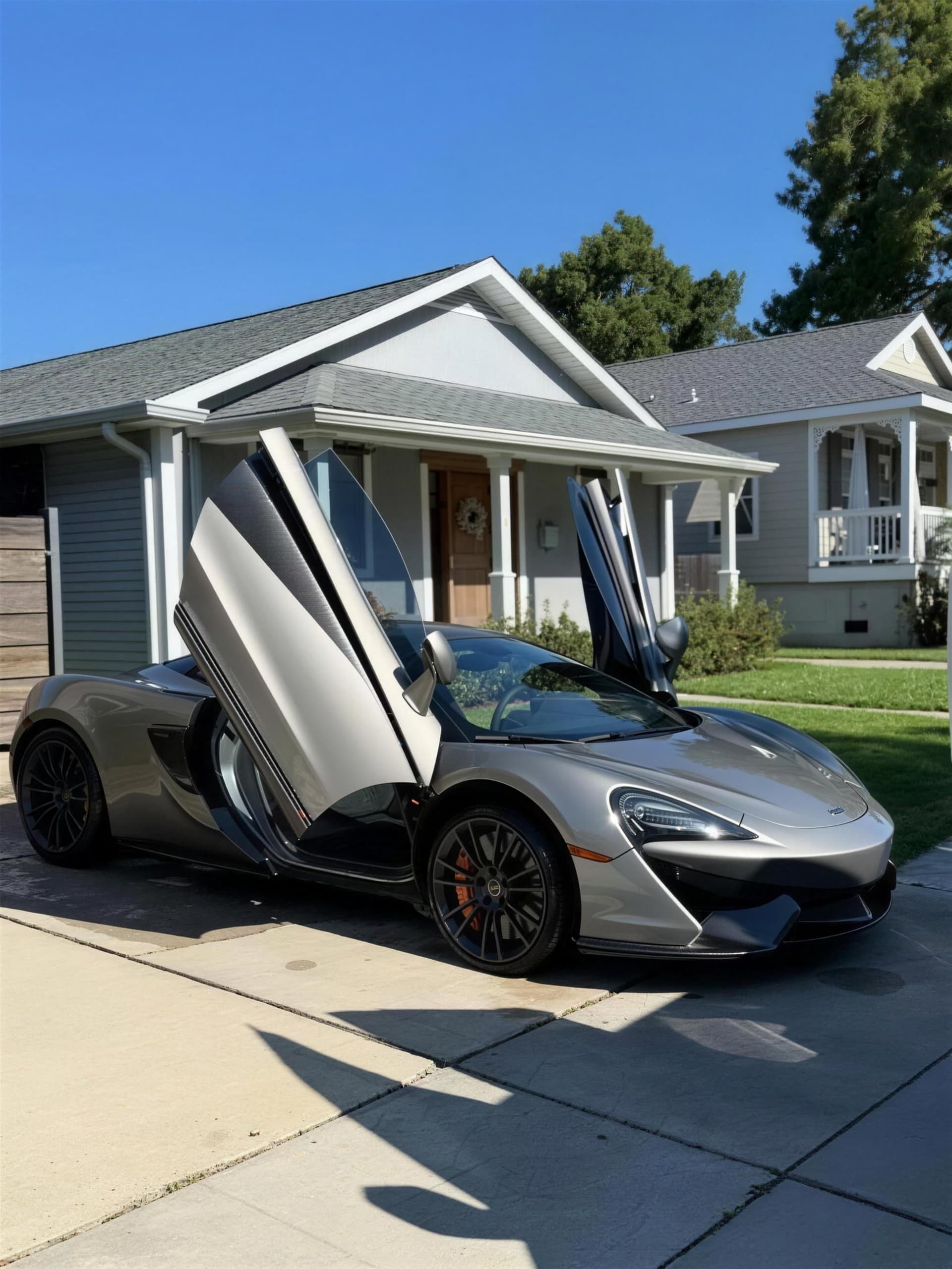 Silver McLaren with doors raised, detailed by MJ's Mobile Detailing at a customer's home