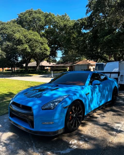 Blue Nissan GT-R with a mirror gloss finish